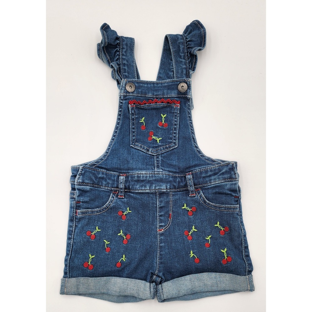 Gymboree Cherry Denim Ruffle Sleeve Overalls Shortalls 18-24‎ Months Kids EUC